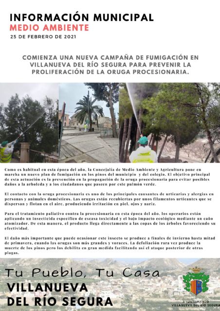 Comienza una nueva campaña de fumigación en Villanueva del Río Segura para prevenir la proliferación de la oruga procesionaria